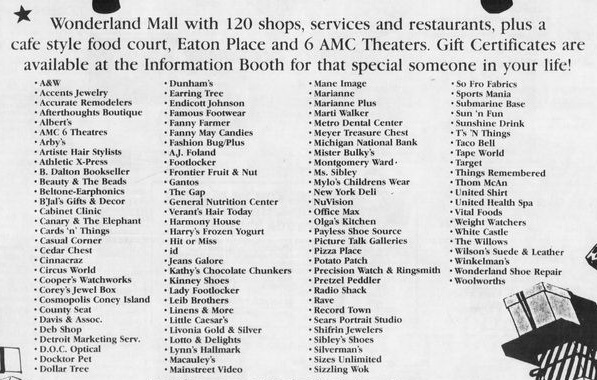 Wonderland Mall (Wonderland Shopping Center) - List Of Stores As Of 1990